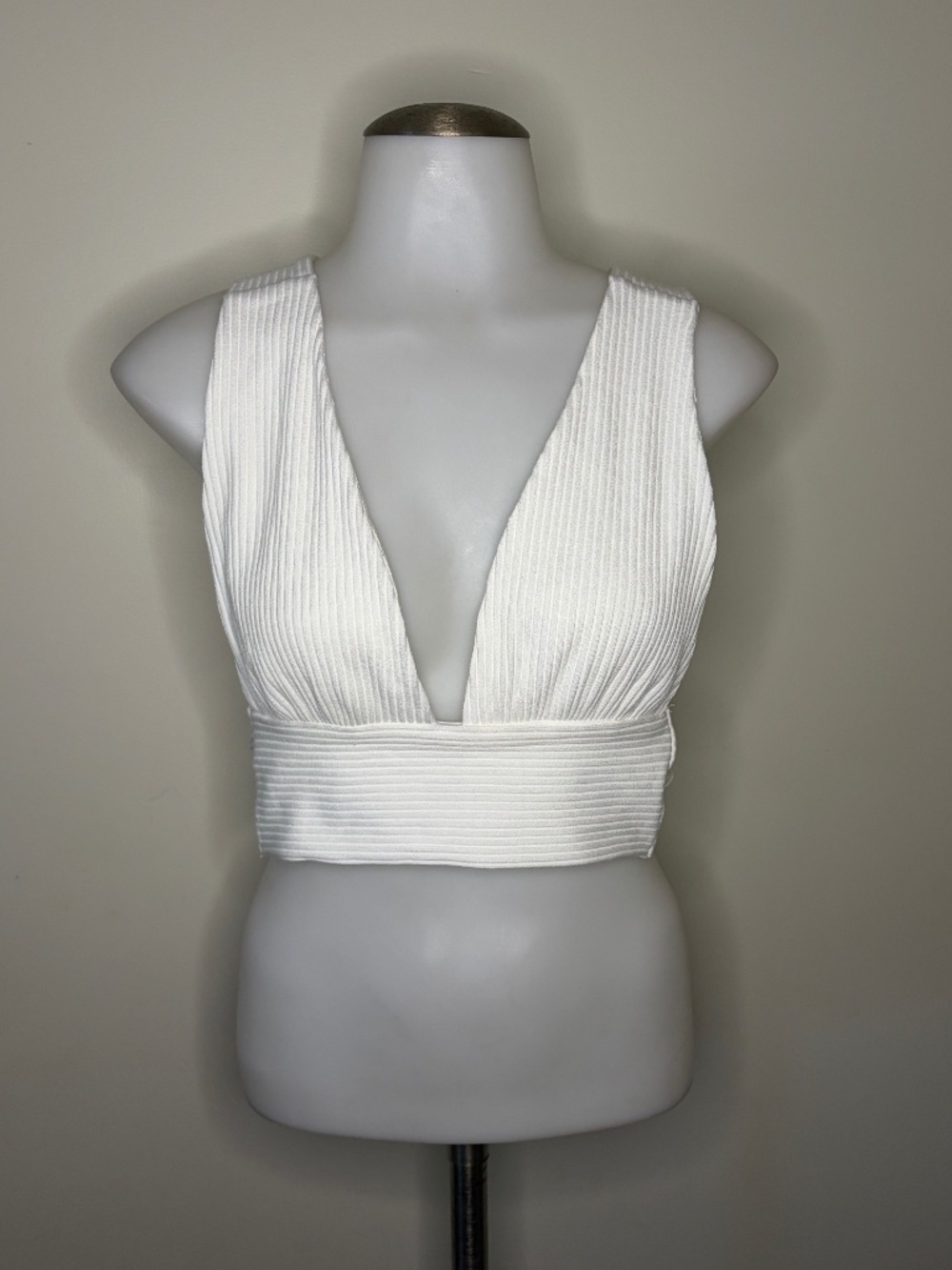 White Ribbed Wrap Crop Top Open Back Tie Deep V Summer Going Out